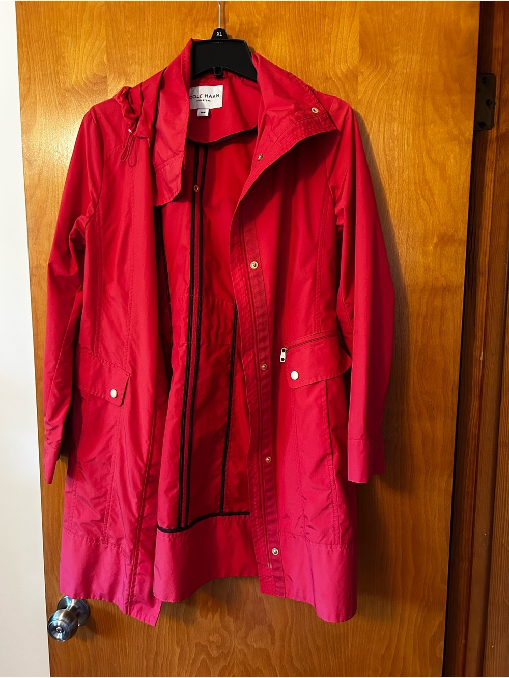 Cole Haan Bright Red Hooded Rain Trench Coat